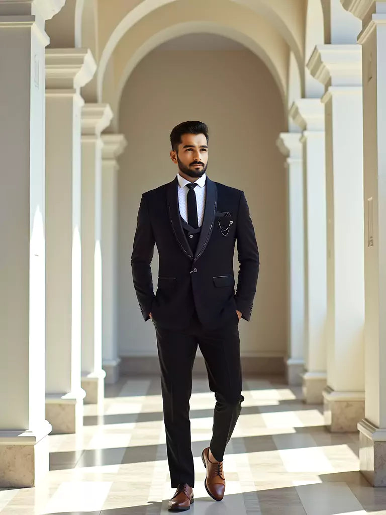 Black Polyester Terylene 5 Pc Tuxido Designer Suit