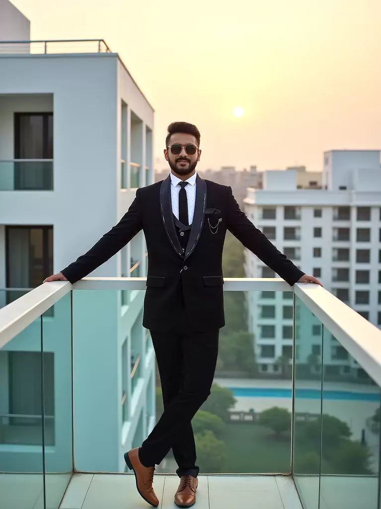 Black Polyester Terylene 5 Pc Tuxido Designer Suit