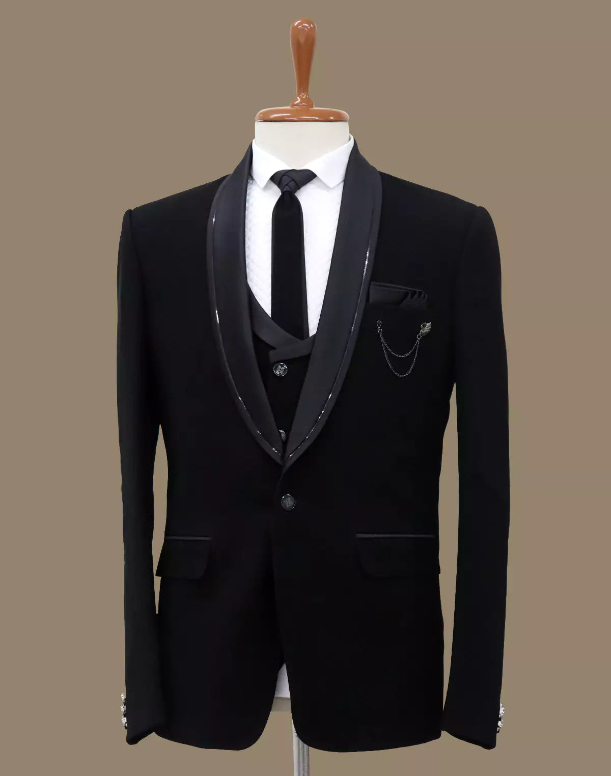 Black Polyester Terylene 5 Pc Tuxido Designer Suit