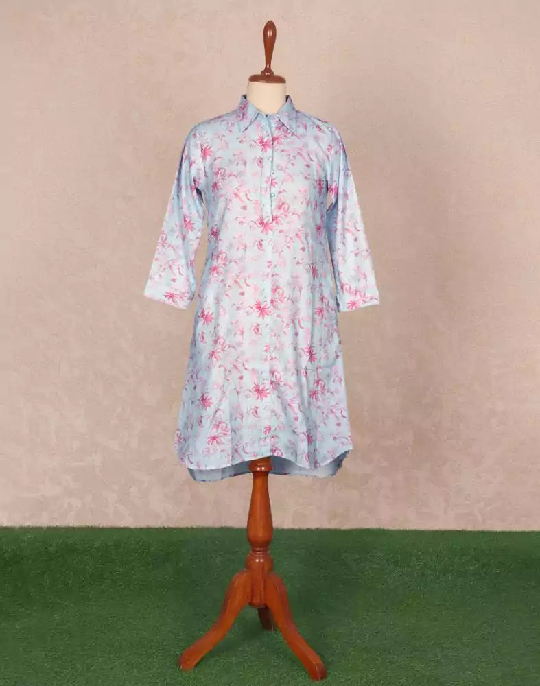 Sky Blue Floral Cotton Printed Tops
