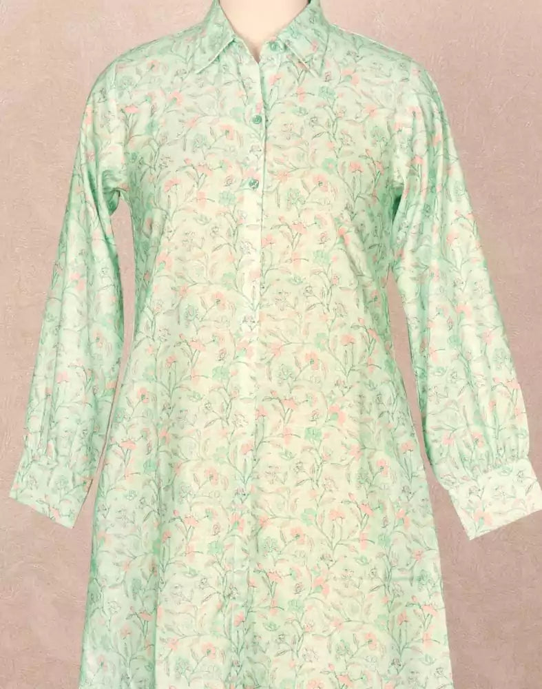 Pista Green Floral Cotton Printed Tops