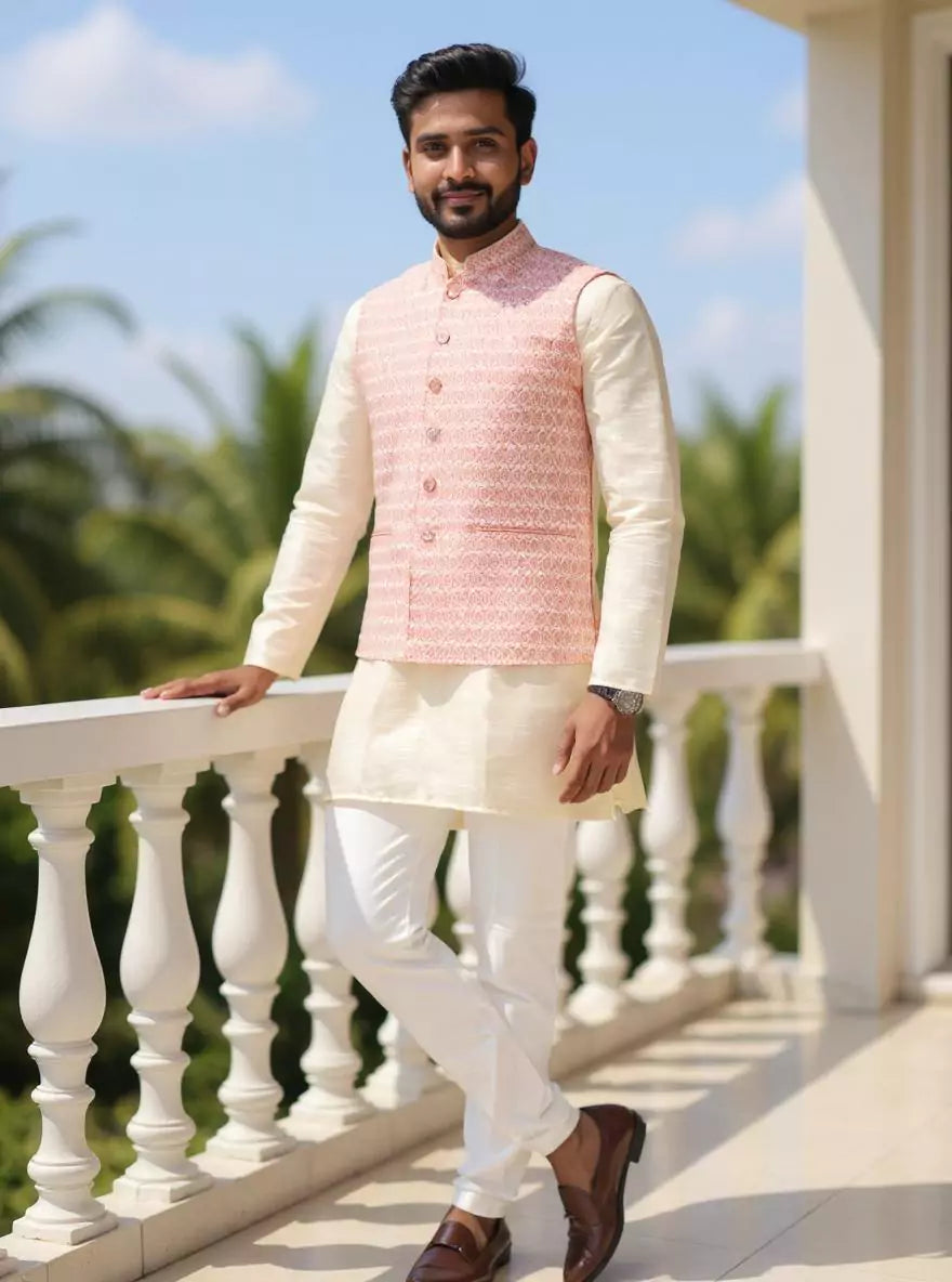 Peach Floral Jaal Embellished Cotton Silk Waistcoat