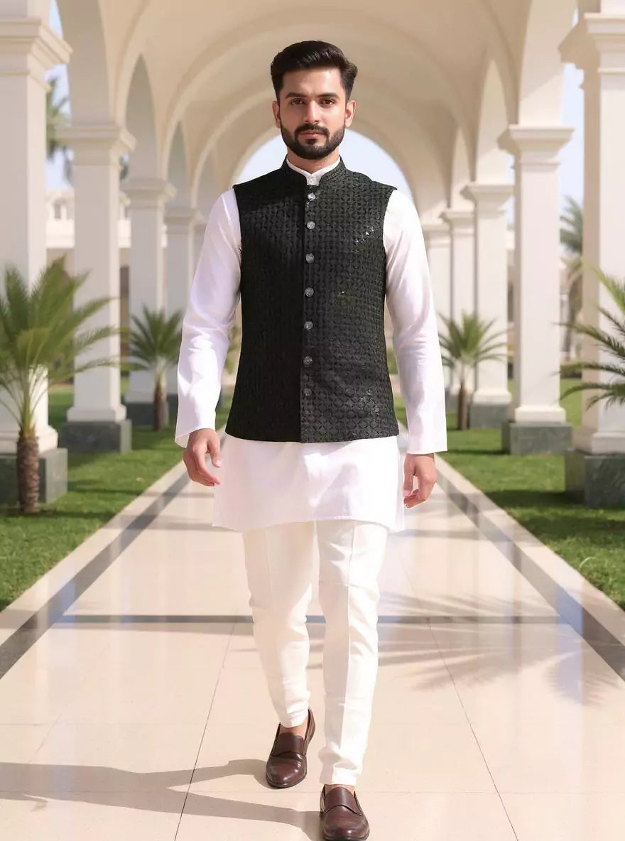 Mehendi Self Design Lucknowi Chikankari work Waistcoat