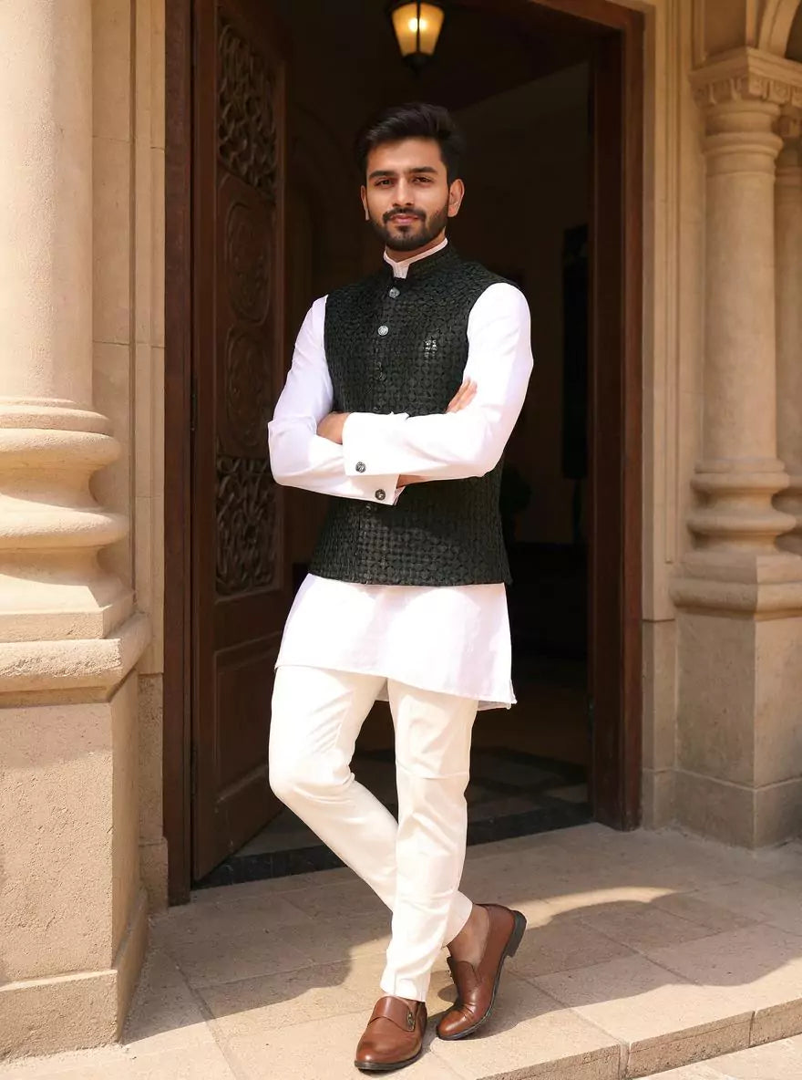 Mehendi Self Design Lucknowi Chikankari work Waistcoat