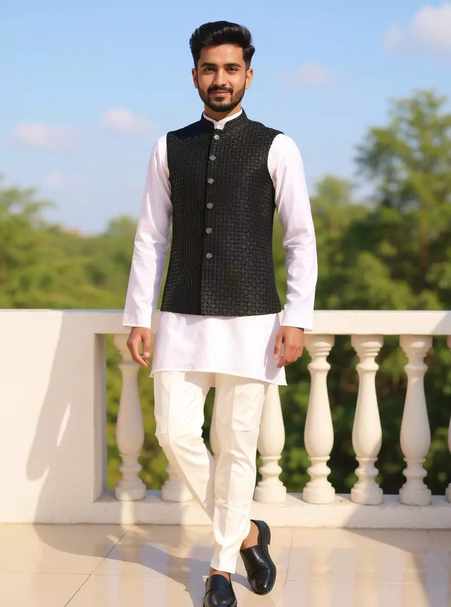 Mehendi Self Design Lucknowi Chikankari work Waistcoat