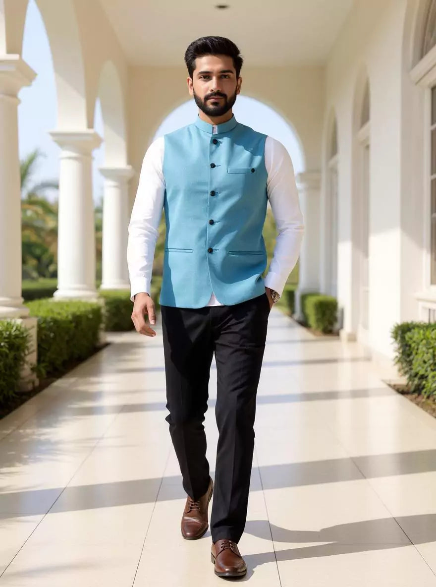 Sky Coloured Textured Polyester Waistcoat