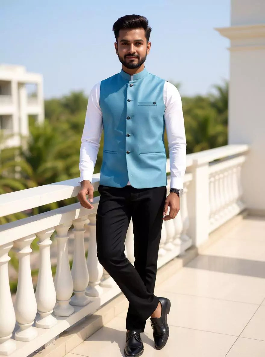 Sky Coloured Textured Polyester Waistcoat