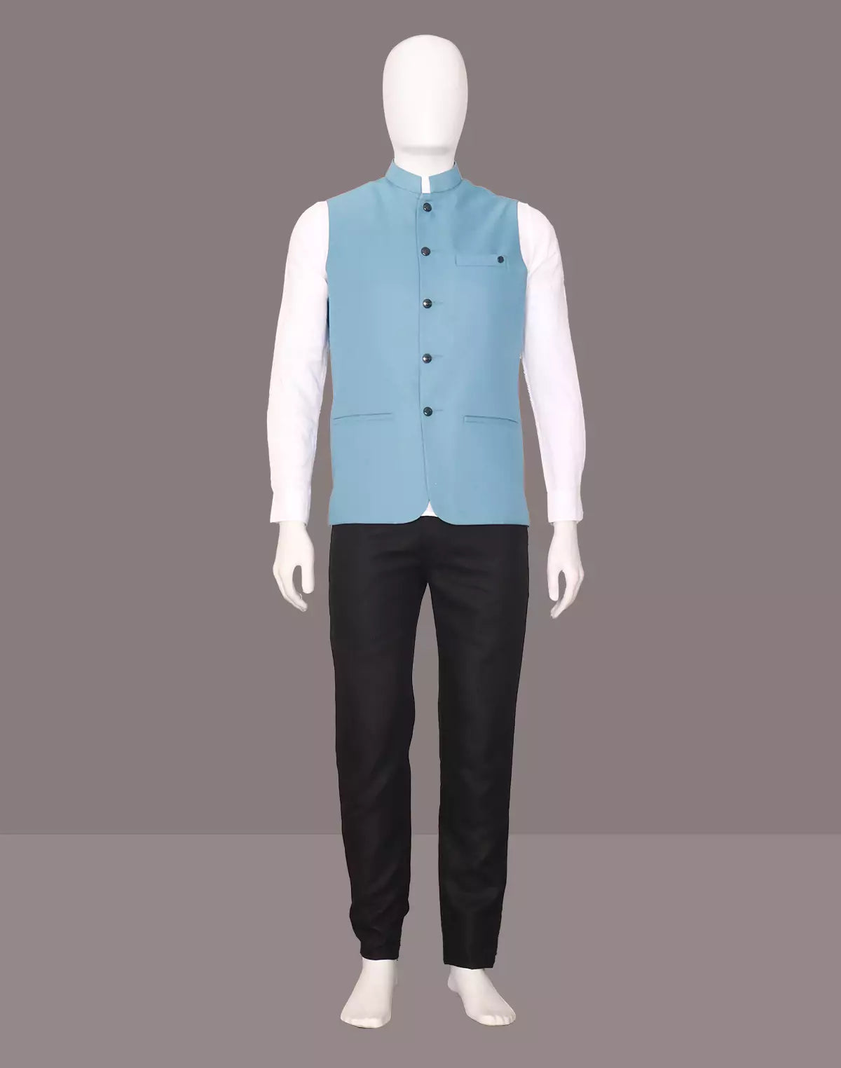 Sky Coloured Textured Polyester Waistcoat