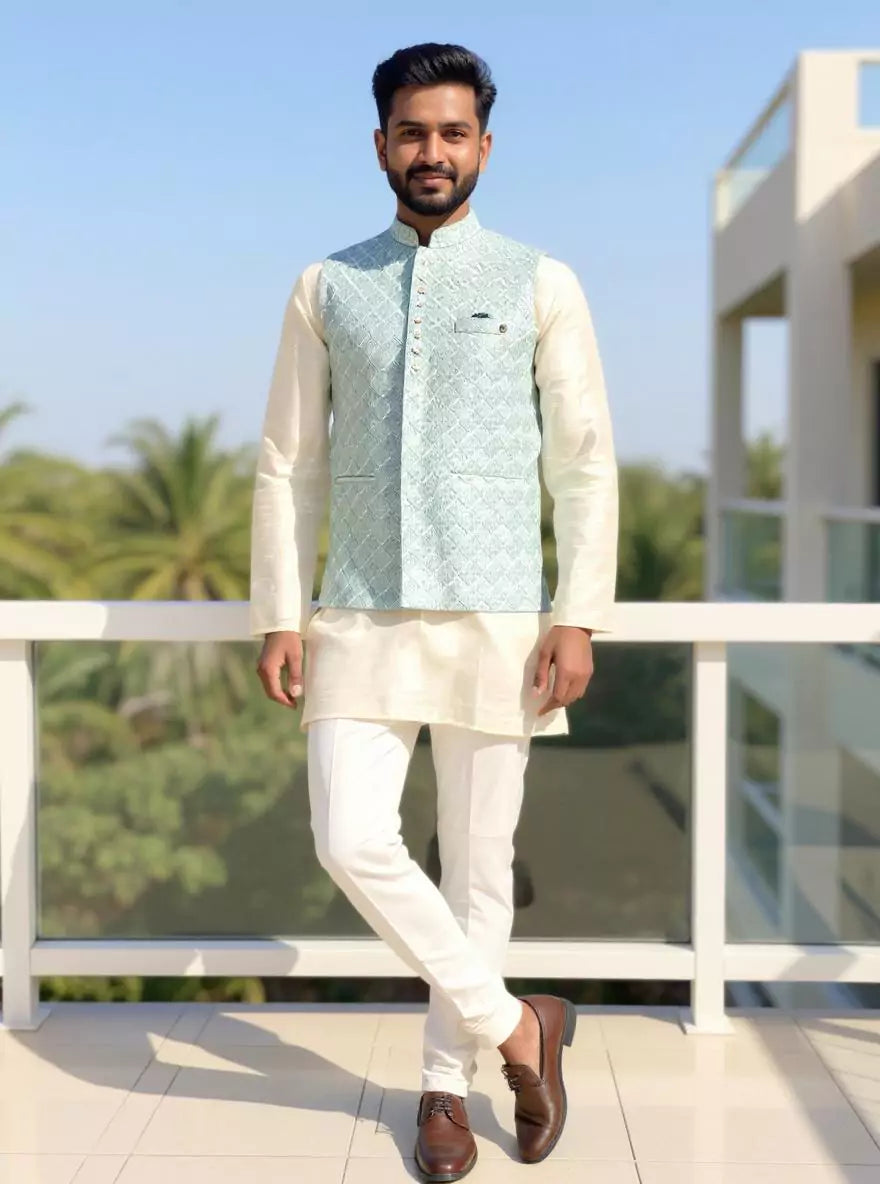 Pista Floral Patterned Cotton Silk Waistcoat with Thread Embroidery
