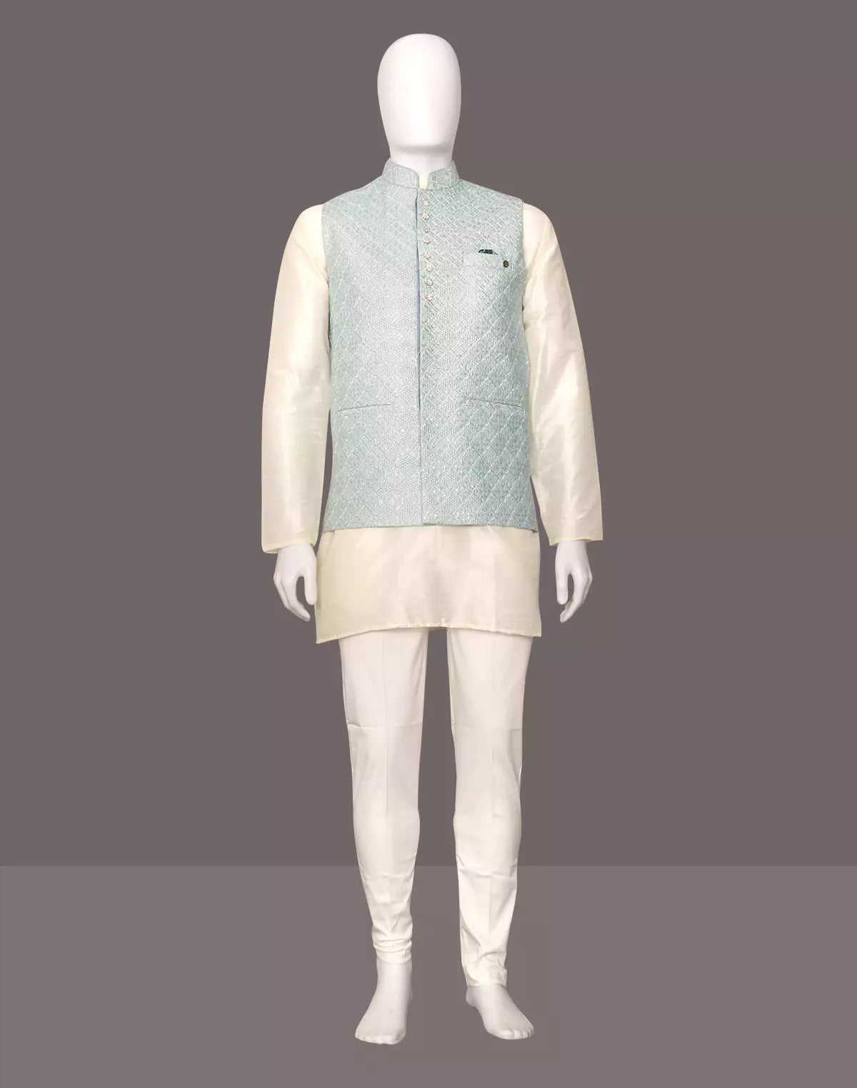 Pista Floral Patterned Cotton Silk Waistcoat with Thread Embroidery