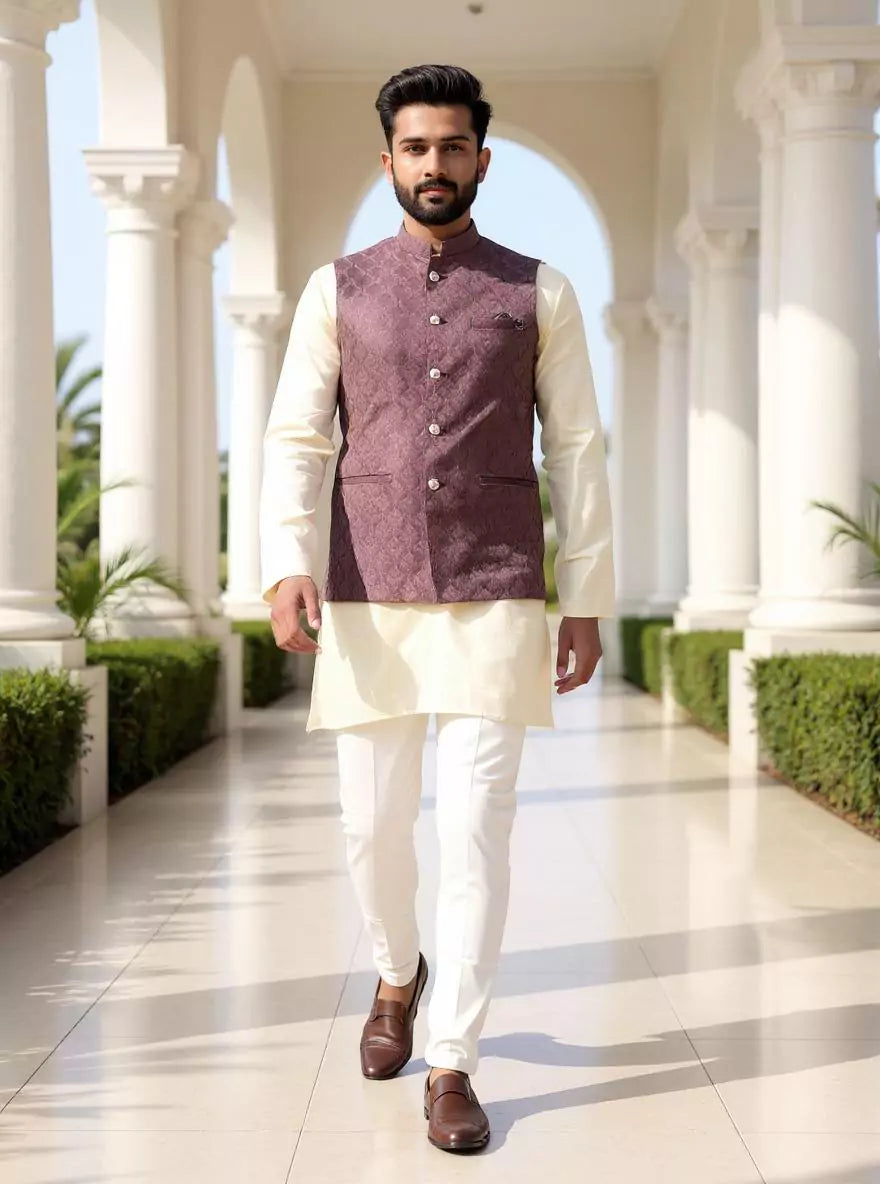 Dark Onion Self Brocade Design Jacquard Waistcoat