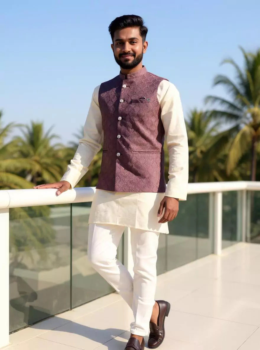 Dark Onion Self Brocade Design Jacquard Waistcoat