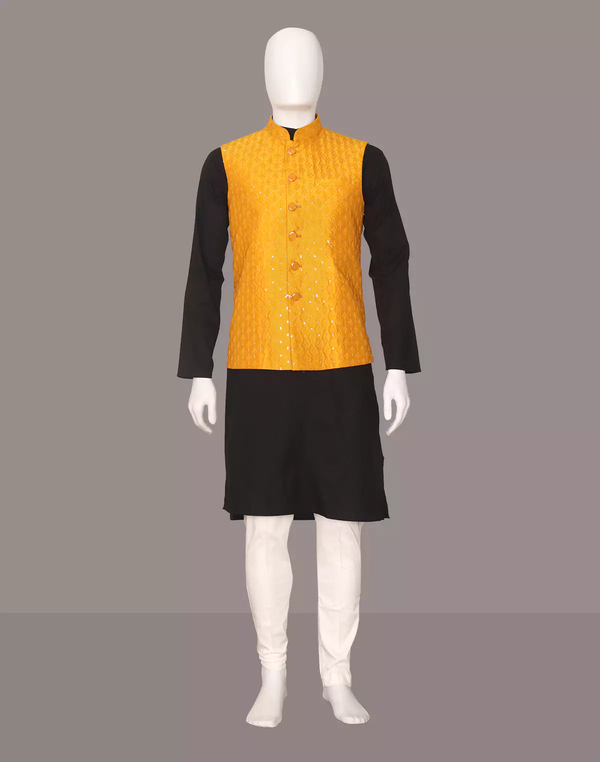 Yellow Floral Thread work Cotton Silk Waistcoat