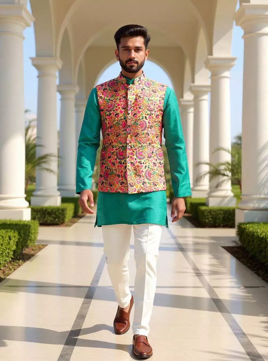 Gold Floral Paithani Design Brocade Waistcoat