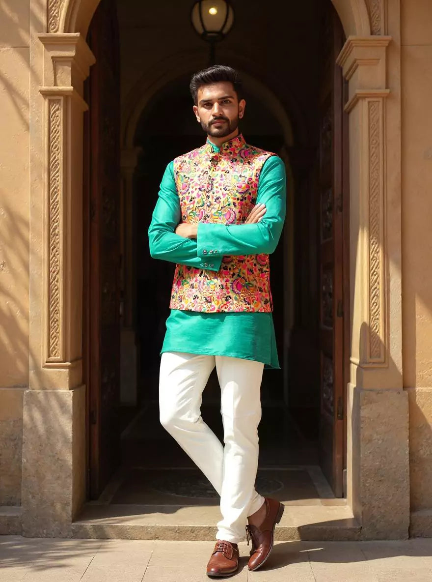 Gold Floral Paithani Design Brocade Waistcoat