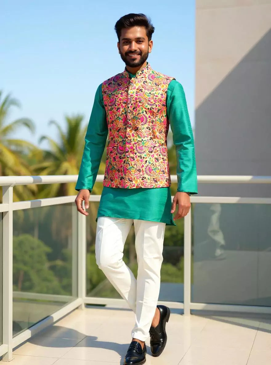 Gold Floral Paithani Design Brocade Waistcoat