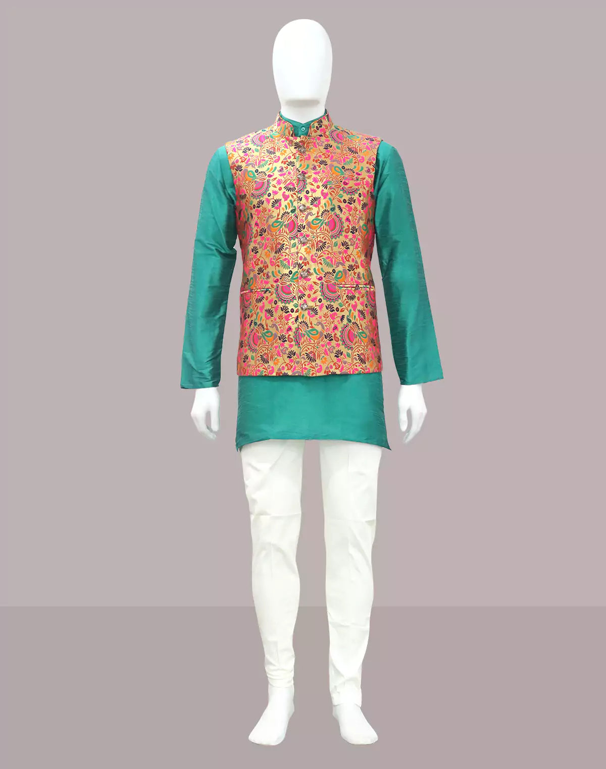 Gold Floral Paithani Design Brocade Waistcoat