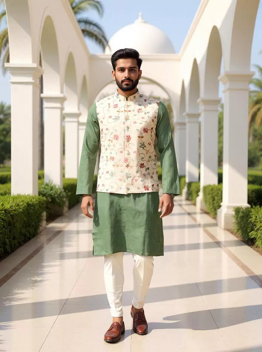 Cream Bel Buti Patterned Linen Multi Embroidery Waistcoat