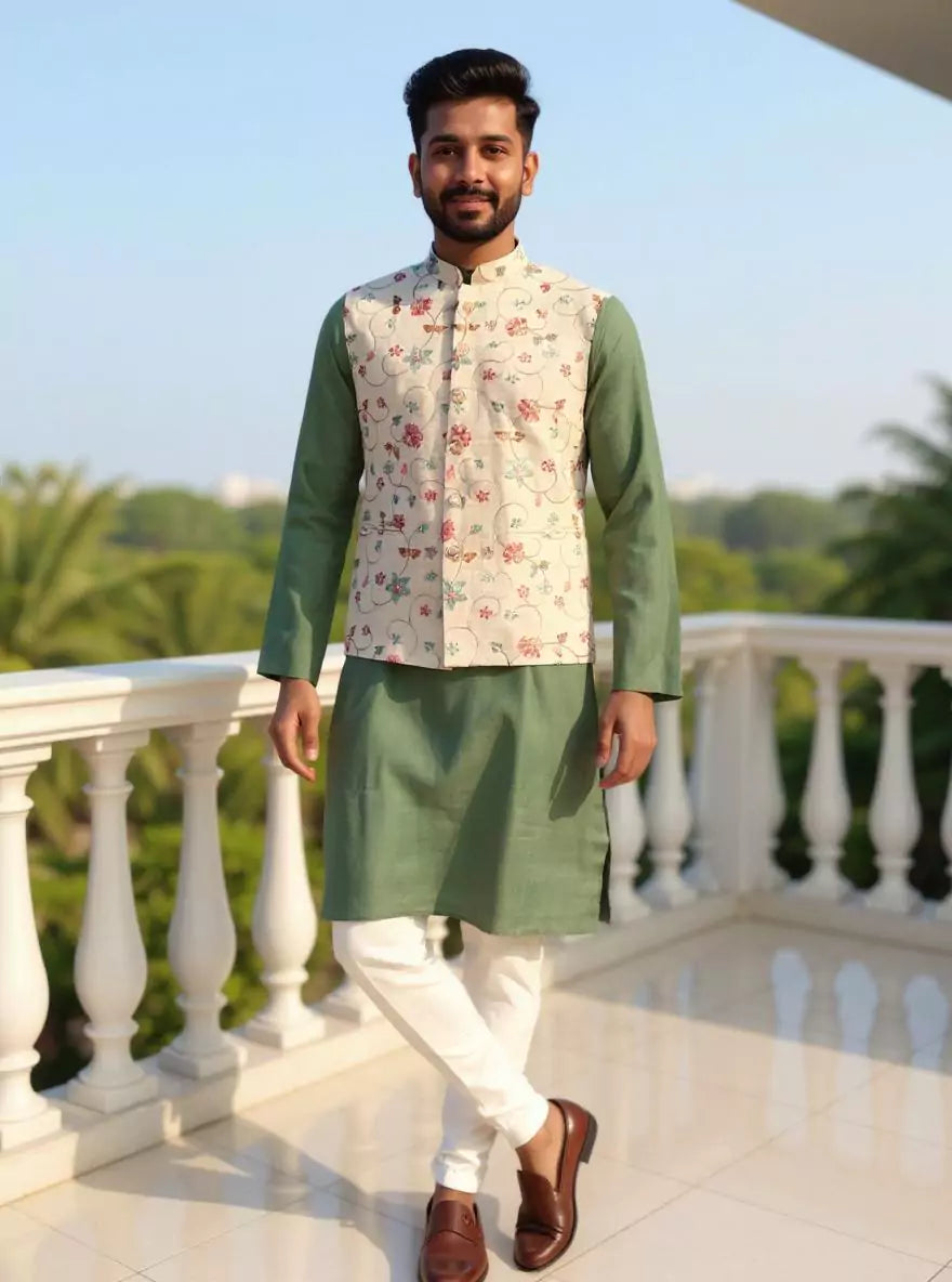 Cream Bel Buti Patterned Linen Multi Embroidery Waistcoat