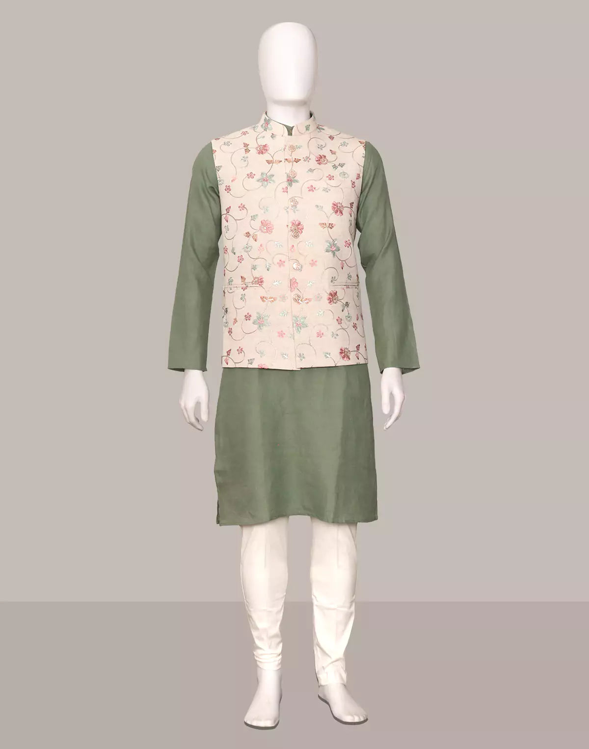 Cream Bel Buti Patterned Linen Multi Embroidery Waistcoat