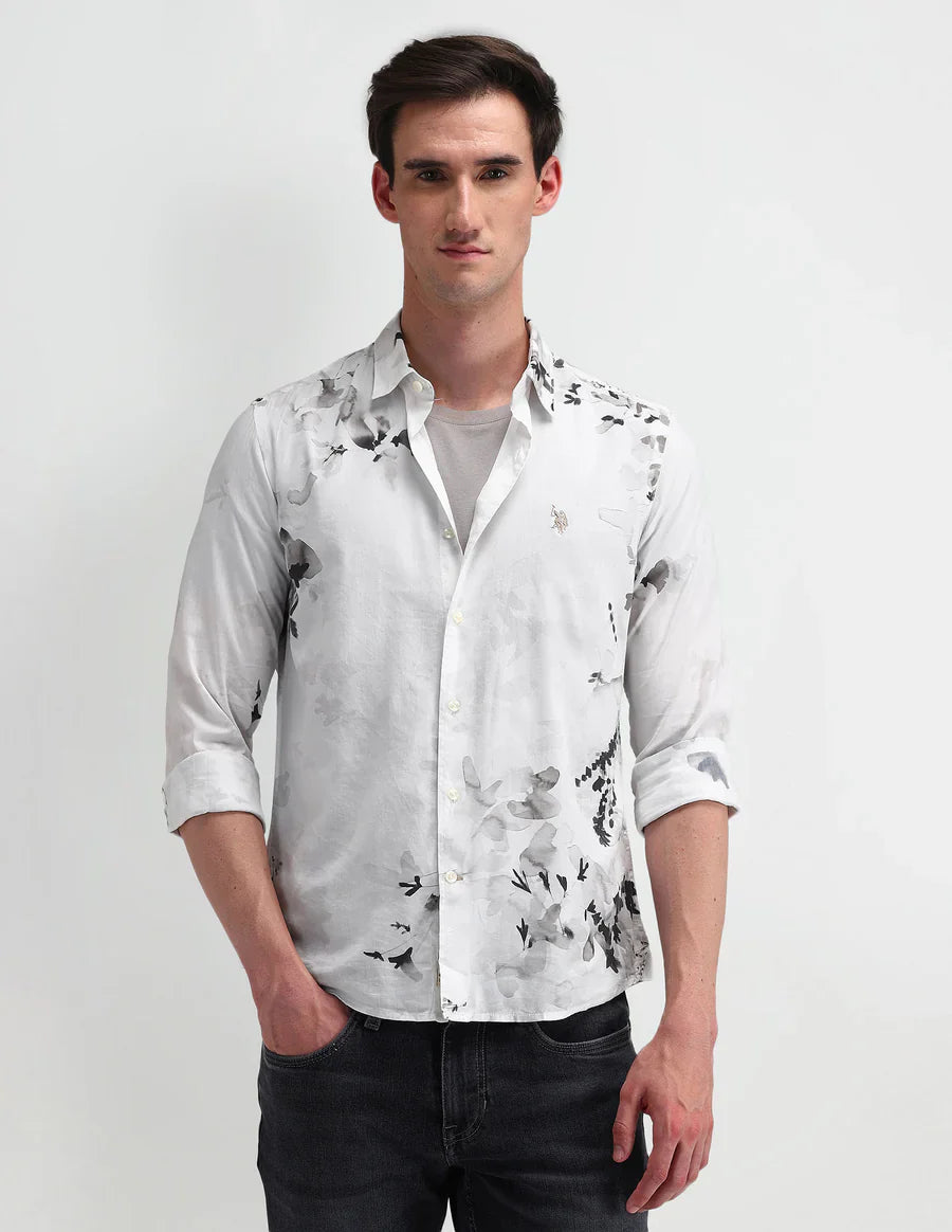 White Floral Printed Denim Co Cotton Men&