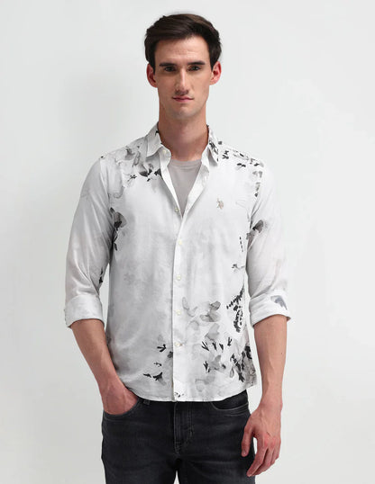 White Floral Printed Denim Co Cotton Men&