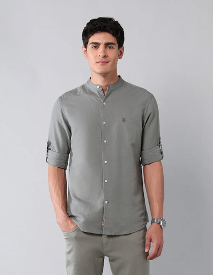 Pure Cotton Dark Grey Solid Denim Co Full Sleeve Shirt