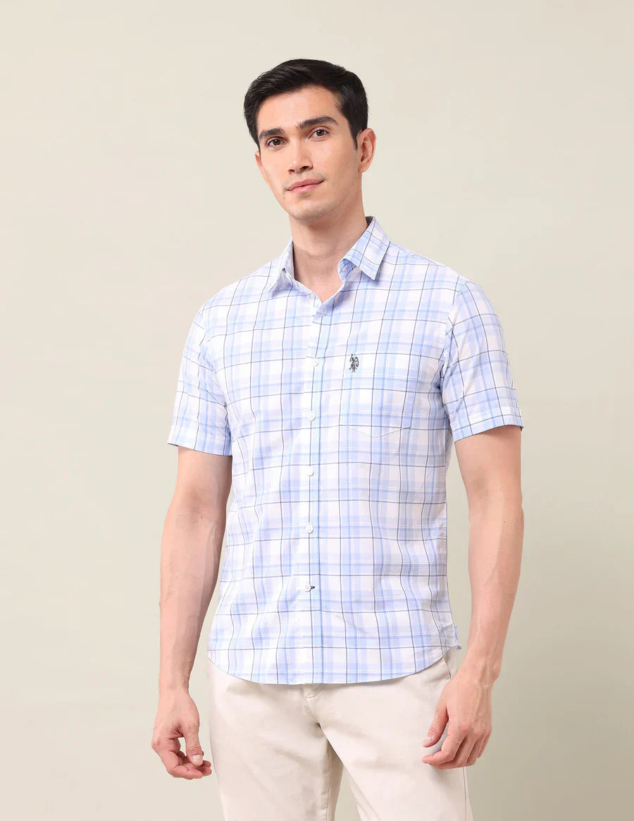Light Blue Checkered Cotton Tailored Fit Shirt