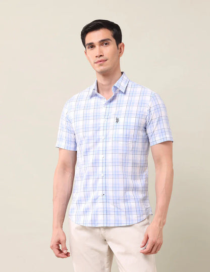 Light Blue Checkered Cotton Tailored Fit Shirt