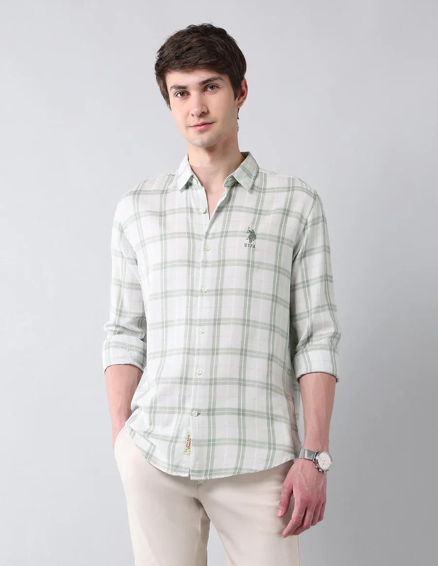 Tartan Checks Light Green Linen Cotton Blend Shirt