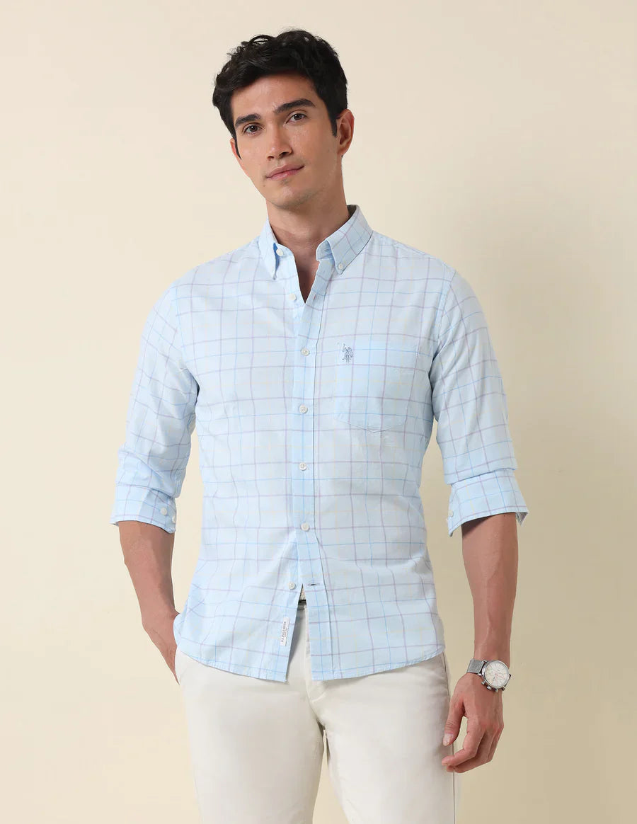 Aqua Blue Tailored Fit Cotton Checks Shirt