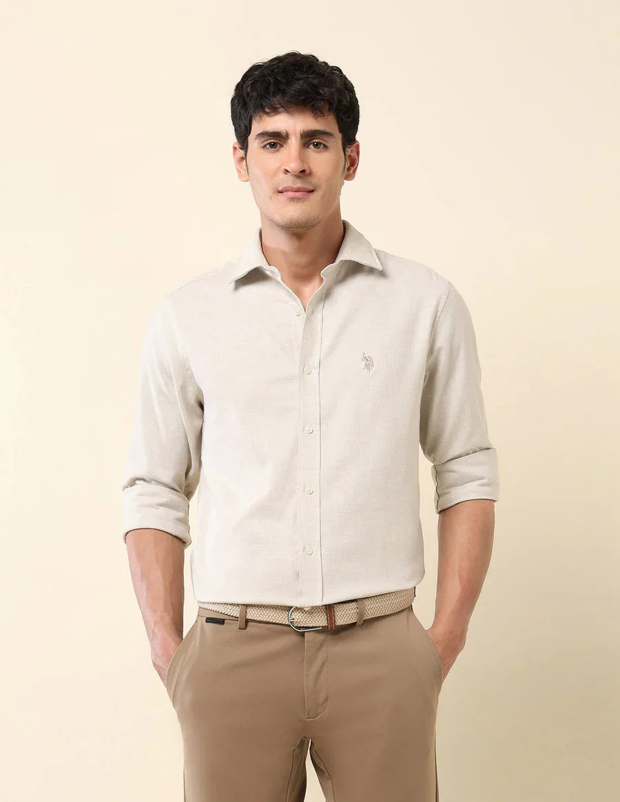 Ecru Color Textured Lenin Cotton Tailored Fit Men&