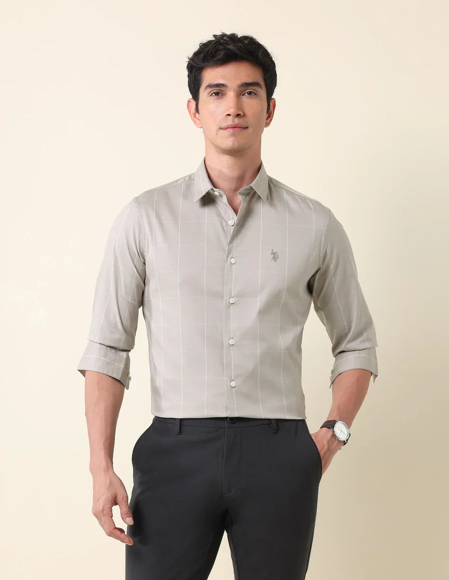 Full Sleeve Light Grey Tailored Fit Cotton Shirt