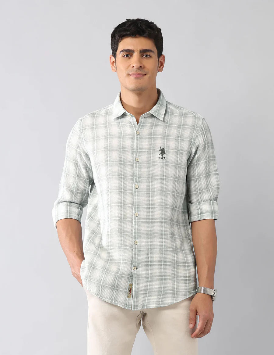 Light Green Tartan Checked Classic Slim Fit Cotton-Jute Shirt