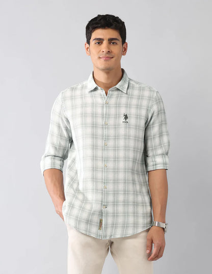 Light Green Tartan Checked Classic Slim Fit Cotton-Jute Shirt