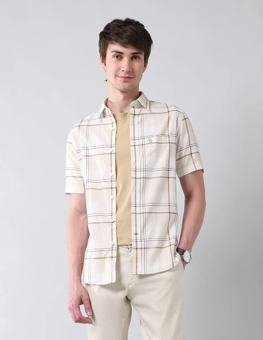 Ecru Checkered Cotton Tailored Fit Classic Shirt