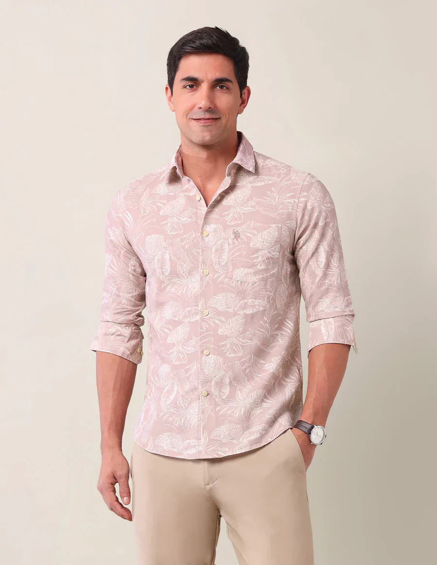 Light Peach Floral Printed Linen Cotton Blend Shirt
