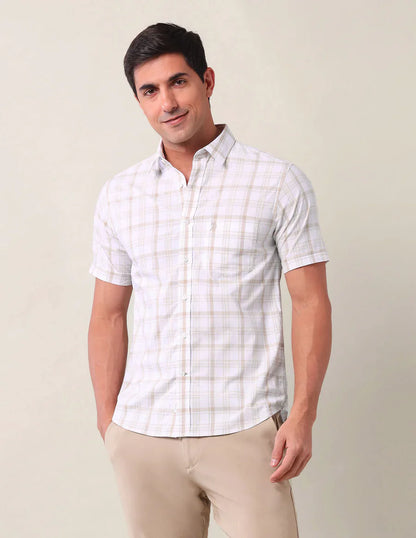 Light Beige Checks Cotton Tailored Fit Shirt
