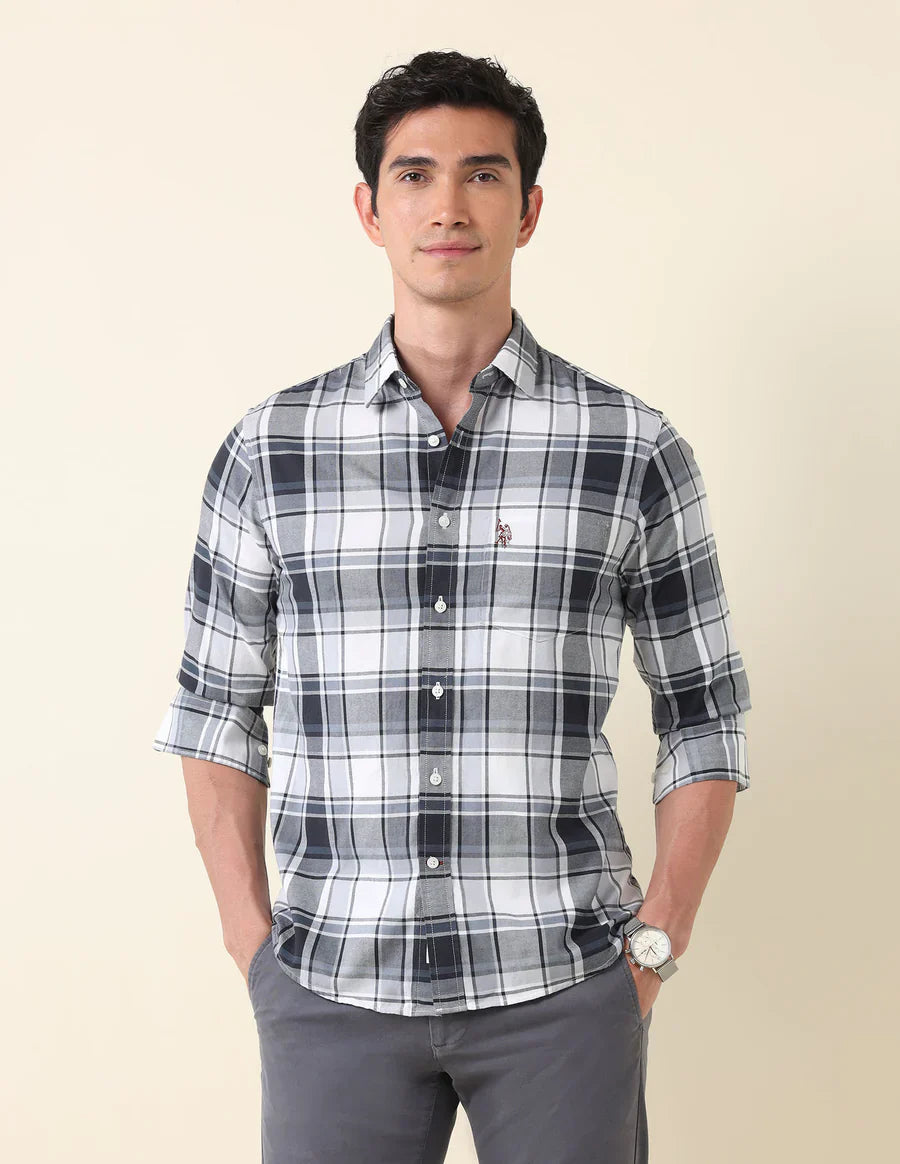 Tailored Fit Grey Checked Cotton Men&