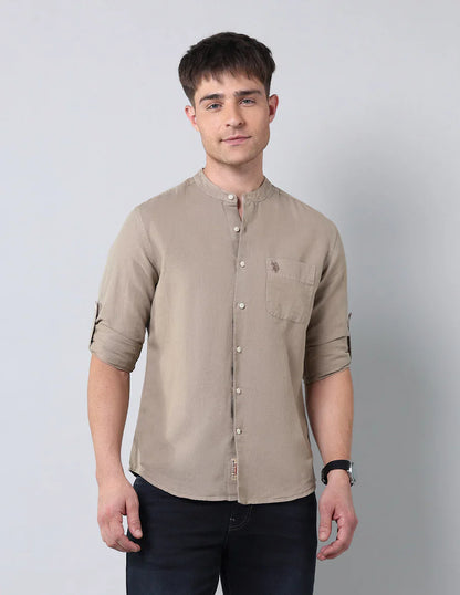 Khaki Colour Pure Cotton Solid Denim Co Full Sleeve Shirt
