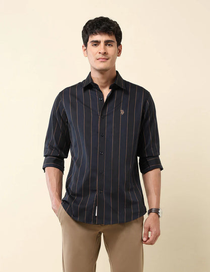 Navy Blue Striped Cotton-Satin Trendy Shirt