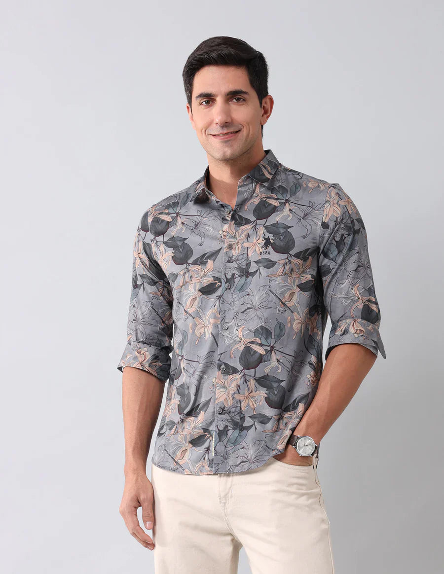Dark Grey Digital Floral Printed Cotton Blend Casual Shirt