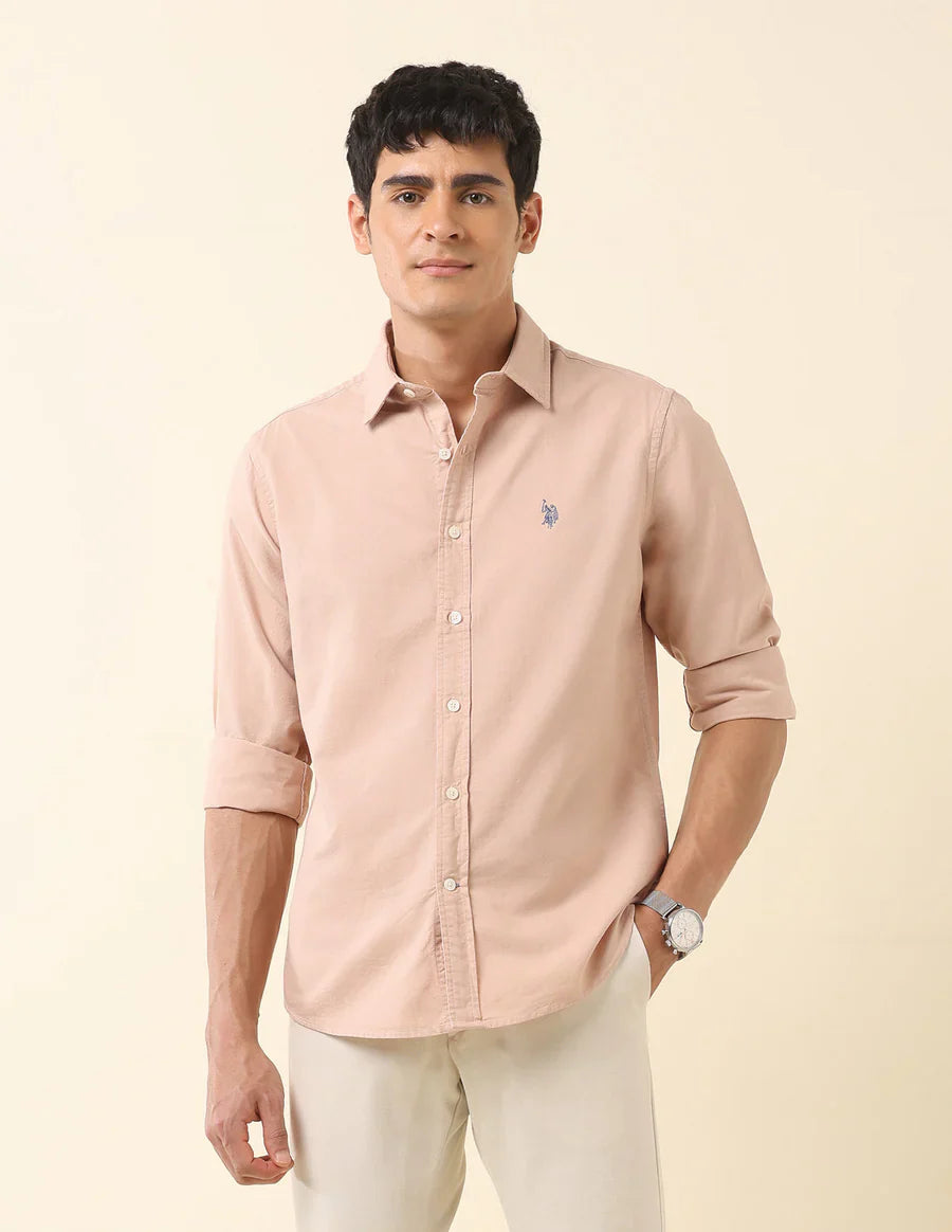 Decent Light Peach Plain Cotton Tailored Fit Shirt