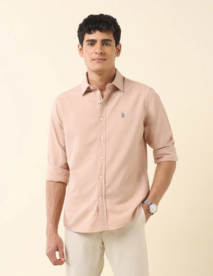 Decent Light Peach Plain Cotton Tailored Fit Shirt