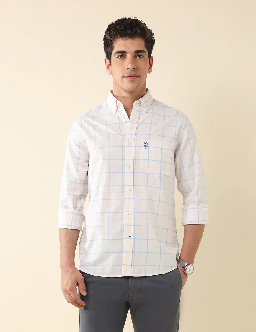 Checkered Ecru Coloured Cotton Full Sleeve Men&