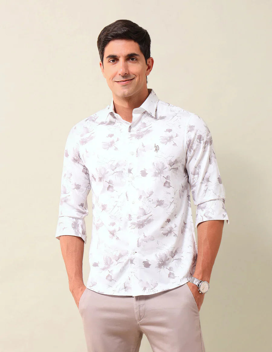 Off White Tailored Fit Floral Print Mercerized Cotton Shirt