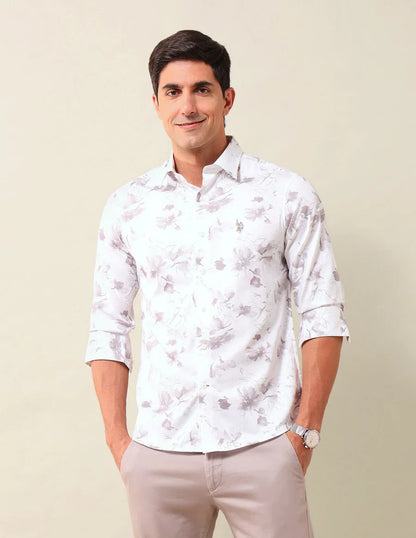 Off White Tailored Fit Floral Print Mercerized Cotton Shirt