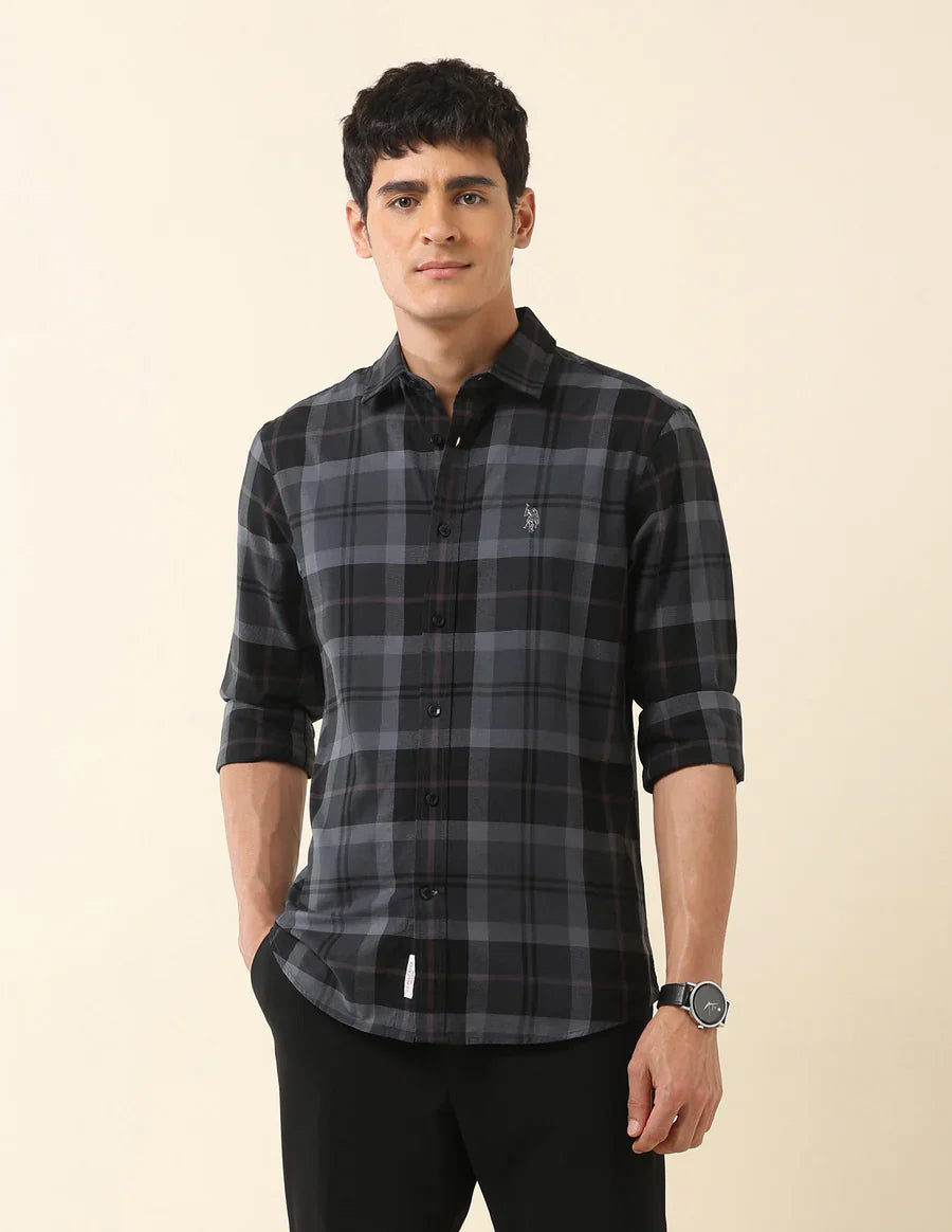 Dark Grey Checkered Spread Collar Cotton Men Shirt