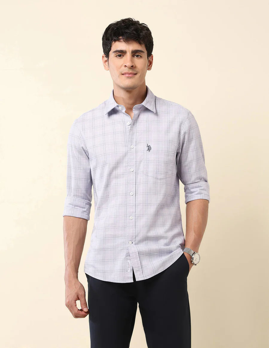 Tailored Fit Light Grey Checked Cotton Men&
