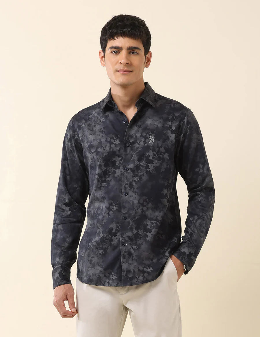 Floral Digital Print Navy Blue Cotton-Satin Party Wear Shirt